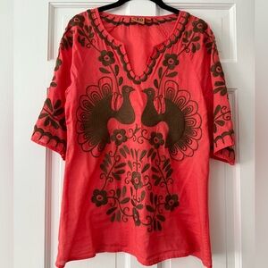 Tory Burch Coral and Brown Embroidered Tunic